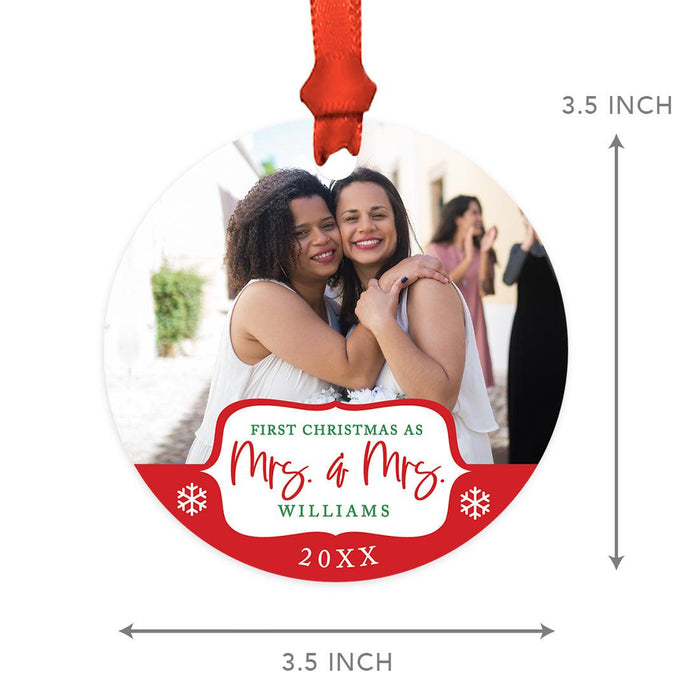 Custom Photo Our First Christmas As Mrs. & Mrs. 20XX Round Metal Christmas Ornaments, Lesbian Couple-Set of 1-Andaz Press-White Snowflakes-
