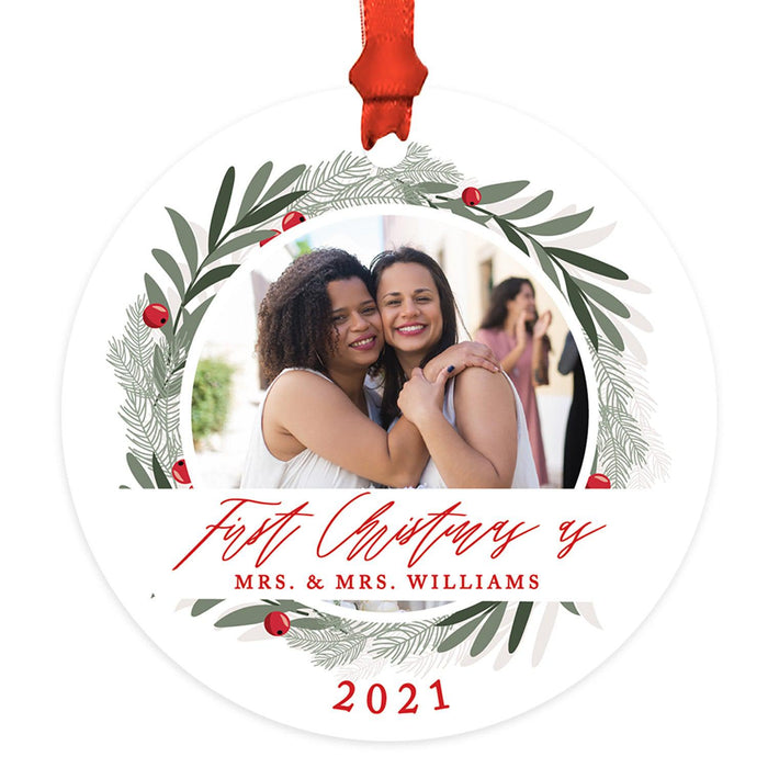 Custom Photo Our First Christmas As Mrs. & Mrs. 20XX Round Metal Christmas Ornaments, Lesbian Couple-Set of 1-Andaz Press-Laurel Wreath-
