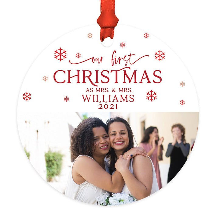 Custom Photo Our First Christmas As Mrs. & Mrs. 20XX Round Metal Christmas Ornaments, Lesbian Couple-Set of 1-Andaz Press-Red Snowflakes-