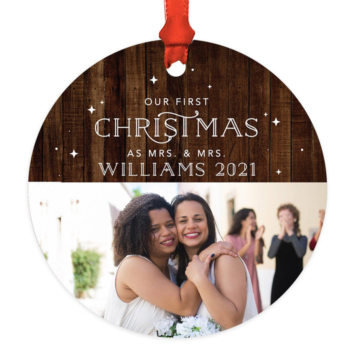Custom Photo Our First Christmas As Mrs. & Mrs. 20XX Round Metal Christmas Ornaments, Lesbian Couple-Set of 1-Andaz Press-Rustic Wood & Stars-