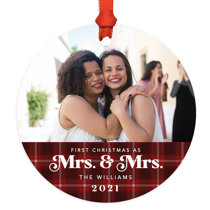 Custom Photo Our First Christmas As Mrs. & Mrs. 20XX Round Metal Christmas Ornaments, Lesbian Couple-Set of 1-Andaz Press-Tartan Plaid-