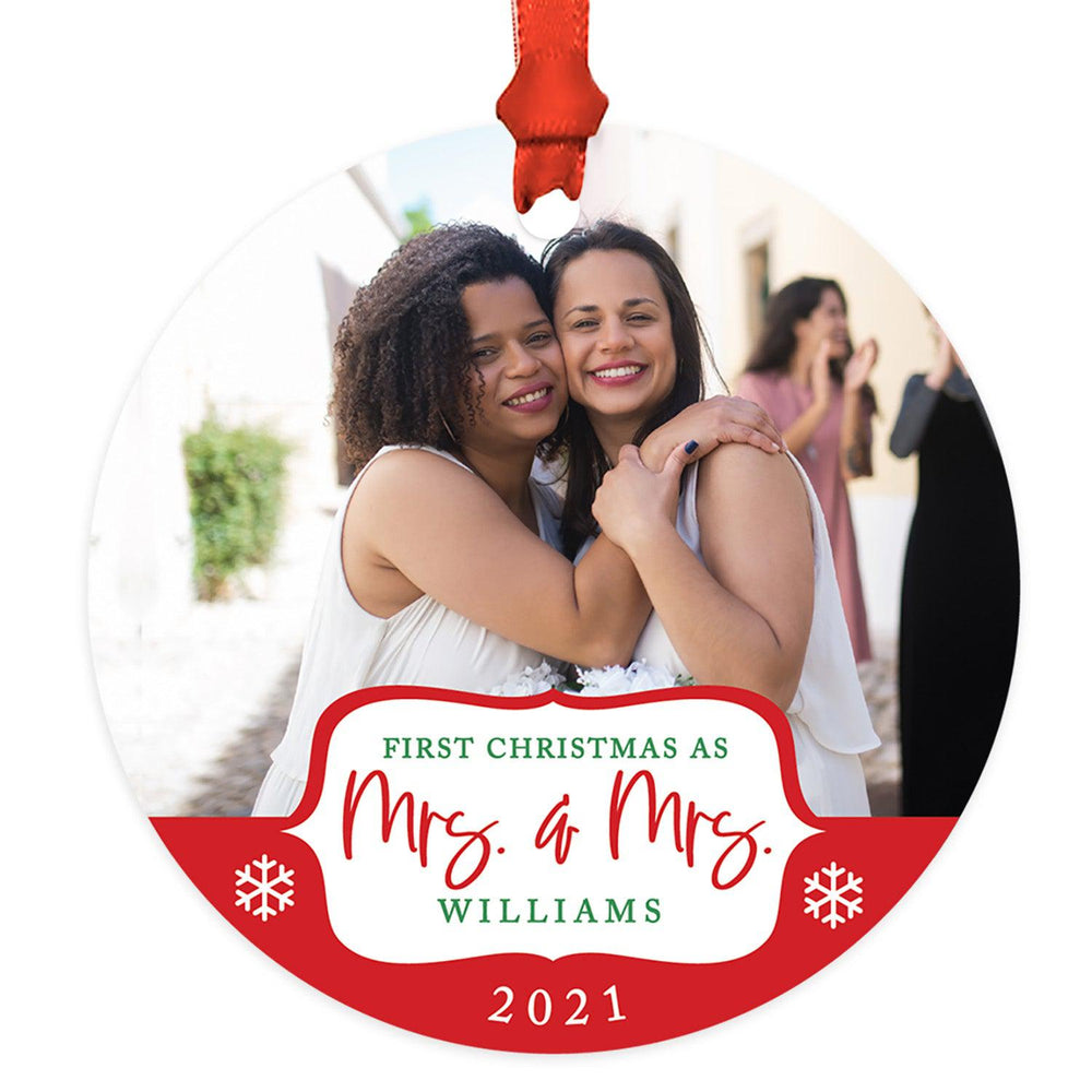 Custom Photo Our First Christmas As Mrs. & Mrs. 20XX Round Metal Christmas Ornaments, Lesbian Couple-Set of 1-Andaz Press-White Snowflakes-