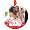 Custom Photo Our First Christmas As Mrs. & Mrs. 20XX Round Metal Christmas Ornaments, Lesbian Couple-Set of 1-Andaz Press-White Snowflakes-