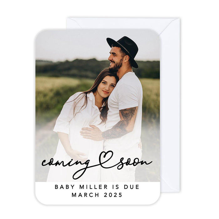 Custom Photo Pregnancy Announcement Cards with Envelopes, Set of 24-Set of 24-Andaz Press-Coming Soon Cursive Heart-