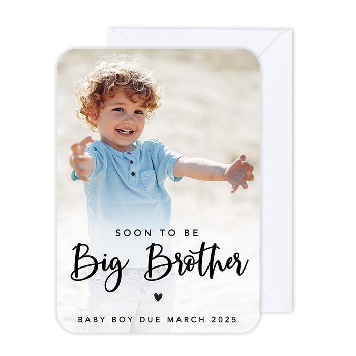 Custom Photo Pregnancy Announcement Cards with Envelopes, Set of 24-Set of 24-Andaz Press-Soon To Be Big Brother Baby Boy Due-