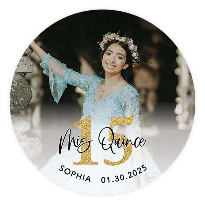 Custom Photo Round Circle Quinceañera Labels, Sticker for Sweet 15, Set of 40-Set of 40-Andaz Press-Mis Quince Anos-