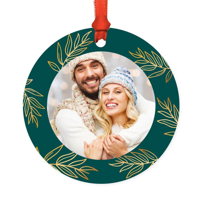 Custom Photo Round Metal Christmas Tree Ornament Keepsake, Merry Christmas Design-Set of 1-Andaz Press-Red and White-