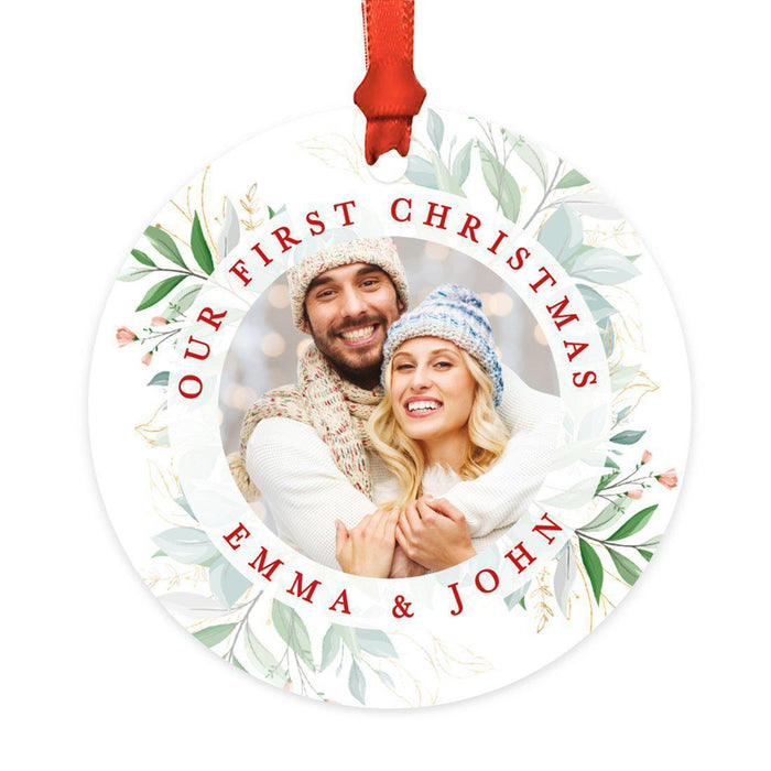 Custom Photo Round Metal Christmas Tree Ornament Keepsake, Merry Christmas Design-Set of 1-Andaz Press-Red and White-