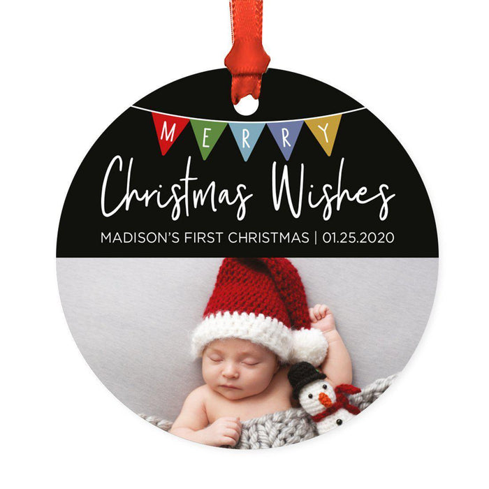 Custom Photo Round Metal Christmas Tree Ornament Keepsake, Merry Christmas Design-Set of 1-Andaz Press-Red and White-