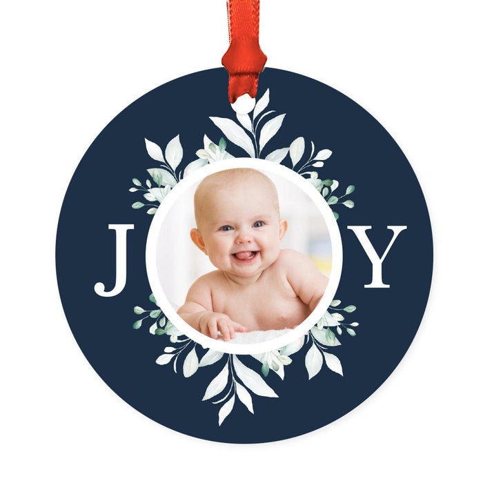 Custom Photo Round Metal Christmas Tree Ornament Keepsake, Merry Christmas Design-Set of 1-Andaz Press-Red and White-