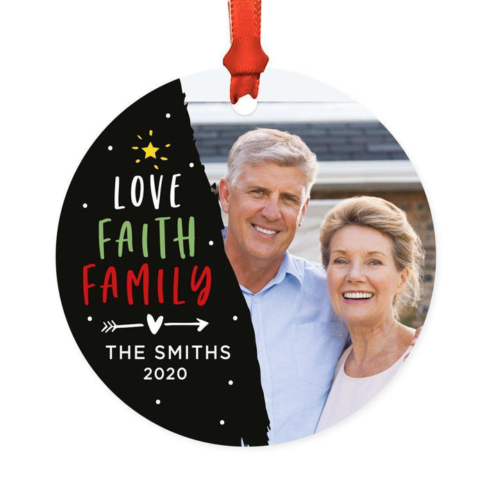 Custom Photo Round Metal Christmas Tree Ornament Keepsake, Merry Christmas Design-Set of 1-Andaz Press-Red and White-