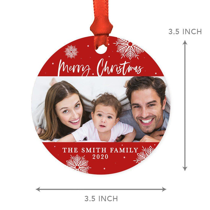 Custom Photo Round Metal Christmas Tree Ornament Keepsake, Merry Christmas Design-Set of 1-Andaz Press-Red and White-