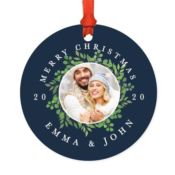 Custom Photo Round Metal Christmas Tree Ornament Keepsake, Merry Christmas Design-Set of 1-Andaz Press-Red and White-