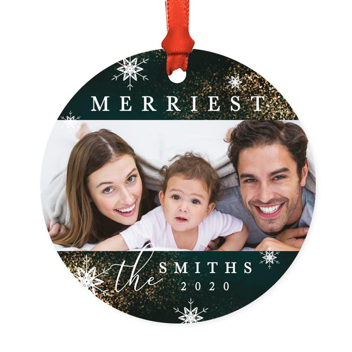 Custom Photo Round Metal Christmas Tree Ornament Keepsake, Merry Christmas Design-Set of 1-Andaz Press-Red and White-