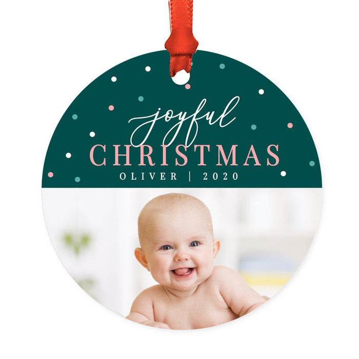 Custom Photo Round Metal Christmas Tree Ornament Keepsake, Merry Christmas Design-Set of 1-Andaz Press-Green with Polka Dots-