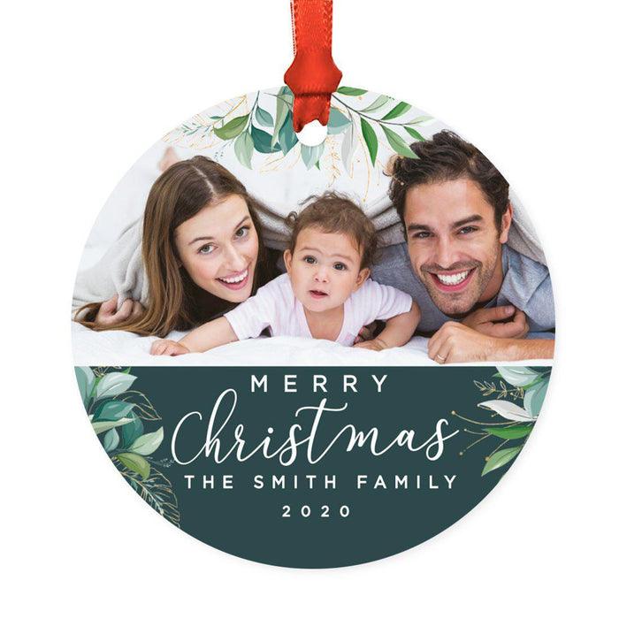 Custom Photo Round Metal Christmas Tree Ornament Keepsake, Merry Christmas Design-Set of 1-Andaz Press-Greenery Foliage-