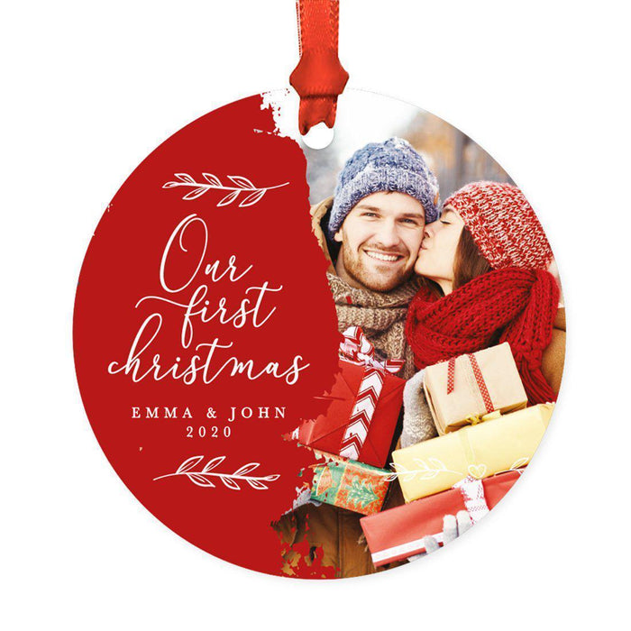 Custom Photo Round Metal Christmas Tree Ornament Keepsake, Merry Christmas Design-Set of 1-Andaz Press-Red with White Minimal-