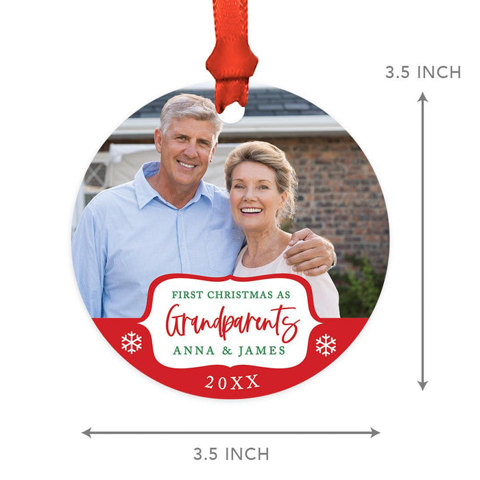 Custom Photo Round Metal Ornament Our First Christmas As Grandparents 20XX - New Grandma and Grandpa-Set of 1-Andaz Press-White Snowflakes-