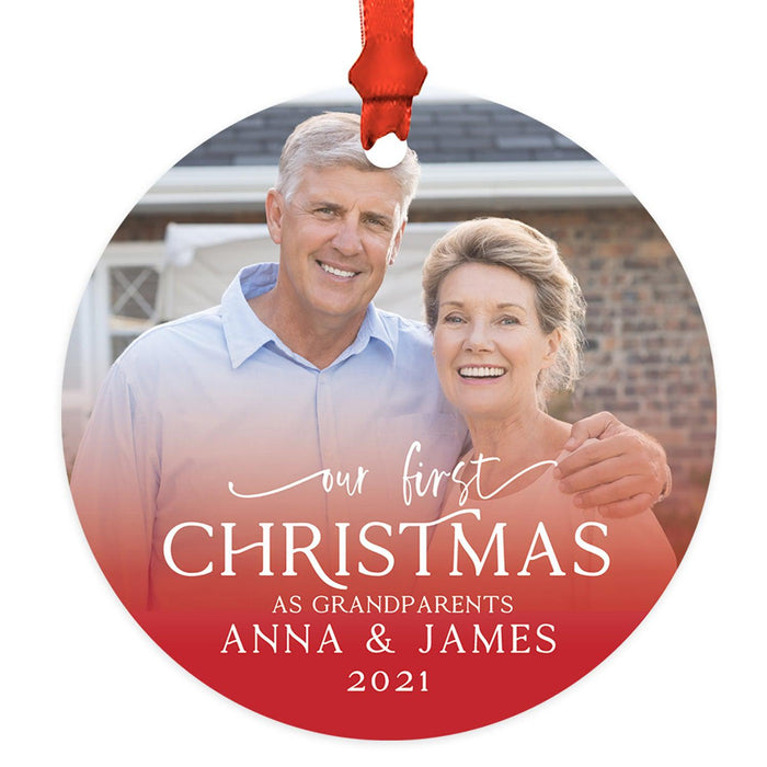 Custom Photo Round Metal Ornament Our First Christmas As Grandparents 20XX - New Grandma and Grandpa-Set of 1-Andaz Press-Christmas Red-