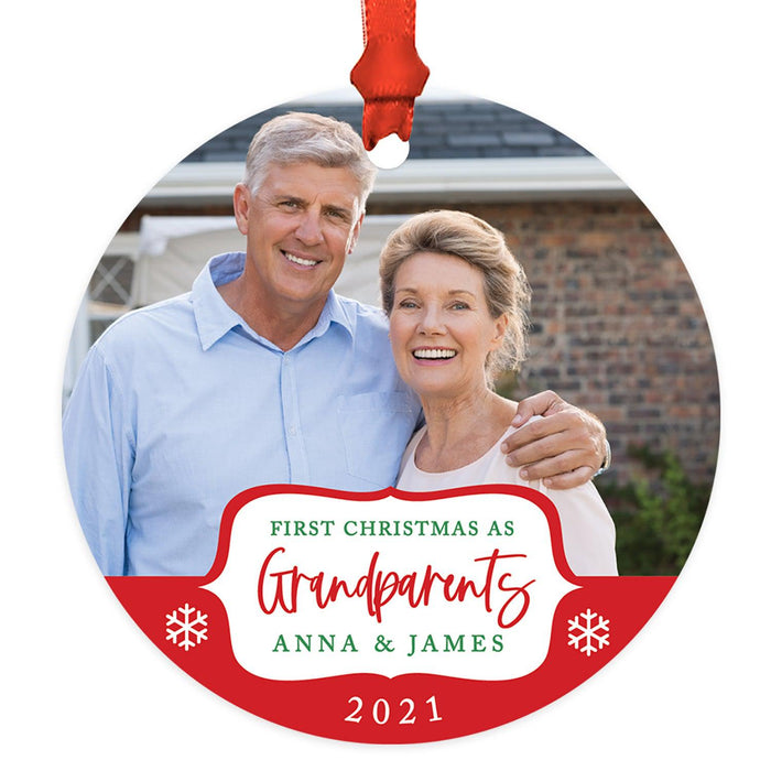 Custom Photo Round Metal Ornament Our First Christmas As Grandparents 20XX - New Grandma and Grandpa-Set of 1-Andaz Press-White Snowflakes-
