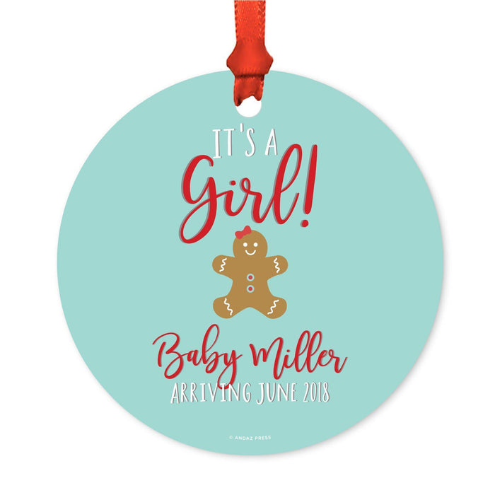 Custom Pregnancy Announcement Round Metal Christmas Ornaments, Includes Ribbon and Gift Bag-Set of 1-Andaz Press-Baby Girl-