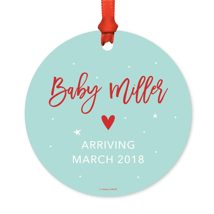 Custom Pregnancy Announcement Round Metal Christmas Ornaments, Includes Ribbon and Gift Bag-Set of 1-Andaz Press-Baby Pregnancy-