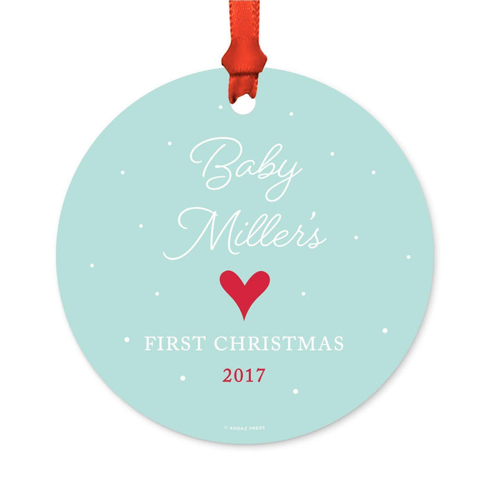 Custom Pregnancy Announcement Round Metal Christmas Ornaments, Includes Ribbon and Gift Bag-Set of 1-Andaz Press-Baby's First Christmas-