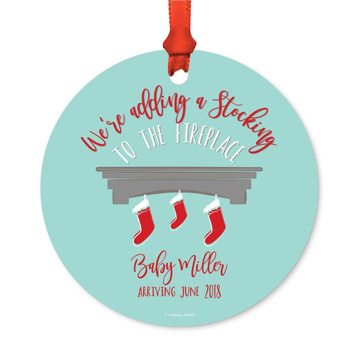 Custom Pregnancy Announcement Round Metal Christmas Ornaments, Includes Ribbon and Gift Bag-Set of 1-Andaz Press-Fireplace-