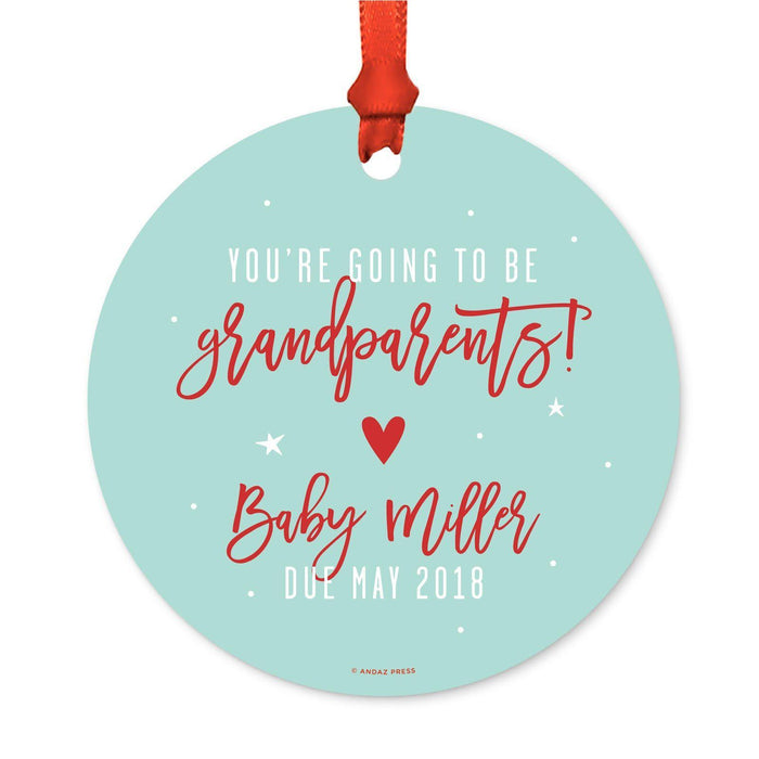 Custom Pregnancy Announcement Round Metal Christmas Ornaments, Includes Ribbon and Gift Bag-Set of 1-Andaz Press-Grandparents-