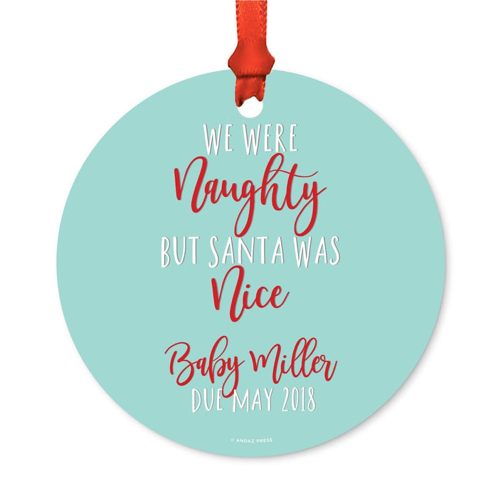 Custom Pregnancy Announcement Round Metal Christmas Ornaments, Includes Ribbon and Gift Bag-Set of 1-Andaz Press-Santa Naughty-