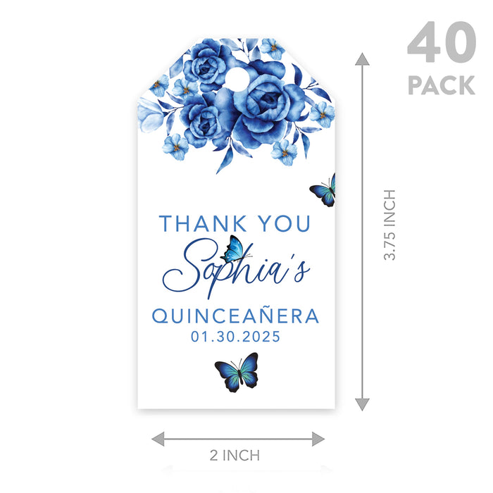 Custom Quinceañera Favor Tags with String, Classic Thank You Gift Tags for Sweet 15-Set of 40-Andaz Press-Blue Butterflies & Florals-