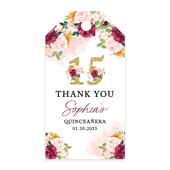Custom Quinceañera Favor Tags with String, Classic Thank You Gift Tags for Sweet 15-Set of 40-Andaz Press-Burgundy & Blush Florals-