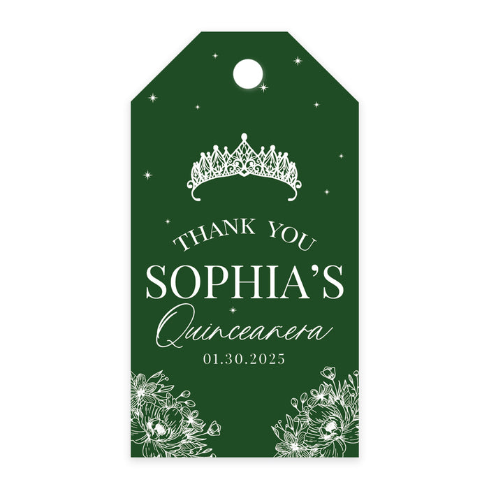 Custom Quinceañera Favor Tags with String, Classic Thank You Gift Tags for Sweet 15-Set of 40-Andaz Press-Crown with Line Design Florals-