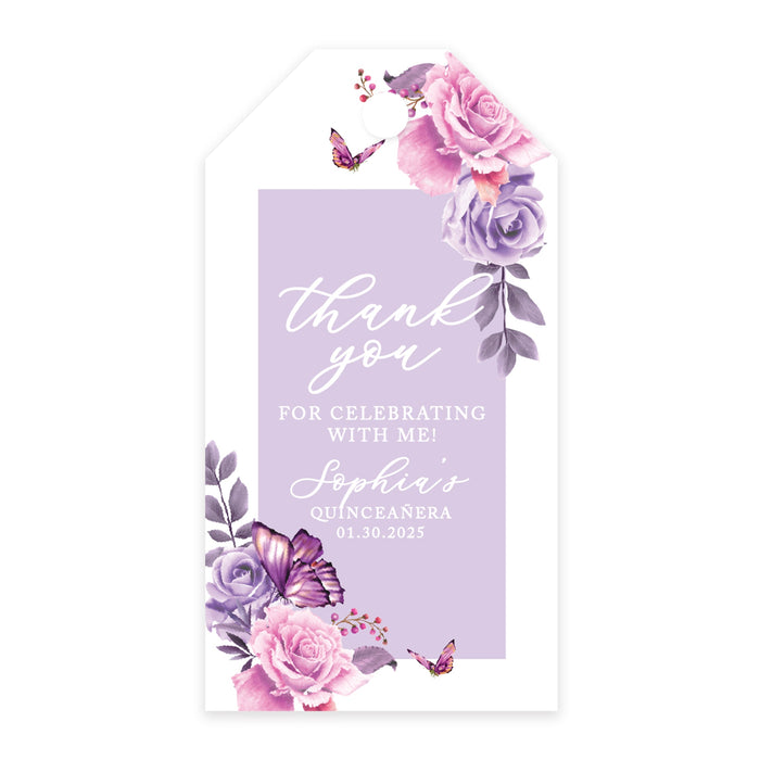 Custom Quinceañera Favor Tags with String, Classic Thank You Gift Tags for Sweet 15-Set of 40-Andaz Press-Lilac Lavender with Butterflies-