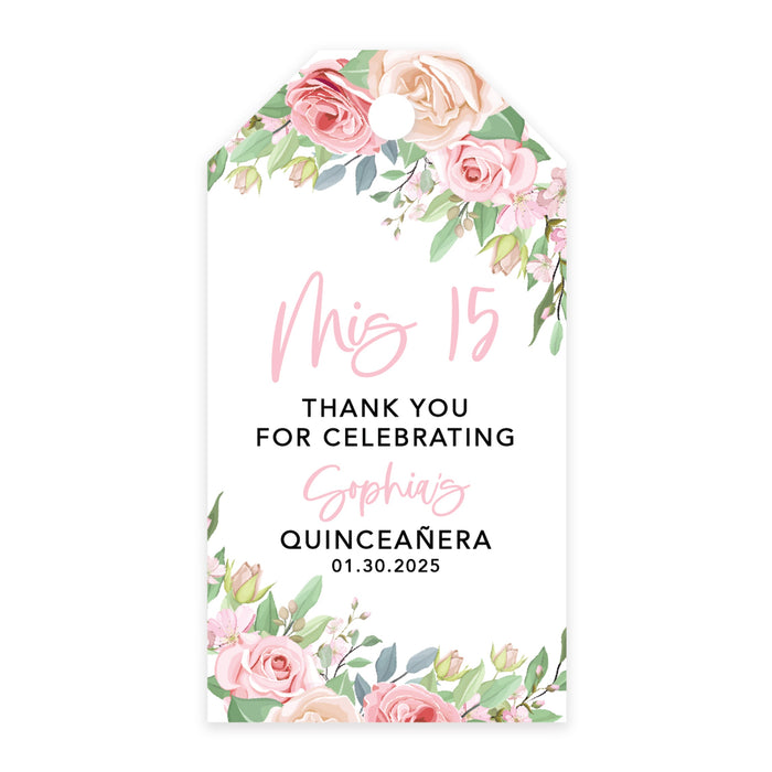 Custom Quinceañera Favor Tags with String, Classic Thank You Gift Tags for Sweet 15-Set of 40-Andaz Press-Pink & Cream Roses-