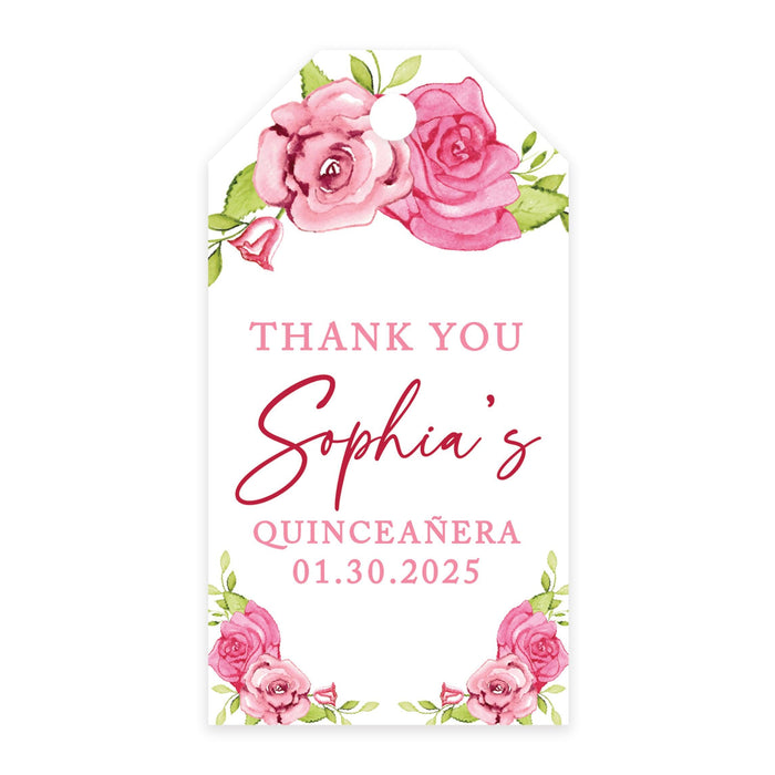 Custom Quinceañera Favor Tags with String, Classic Thank You Gift Tags for Sweet 15-Set of 40-Andaz Press-Pink Watercolor Roses-