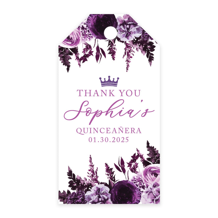 Custom Quinceañera Favor Tags with String, Classic Thank You Gift Tags for Sweet 15-Set of 40-Andaz Press-Purple, Lavender, and Lilac Flowers-