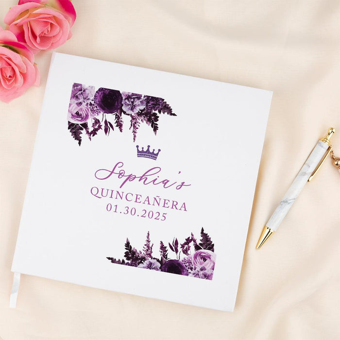 Custom Quinceañera Guestbook with Gold Accents, Photo Album for Sweet 15, Set of 1-Set of 1-Andaz Press-Purple, Lavender, Lilac Flowers-