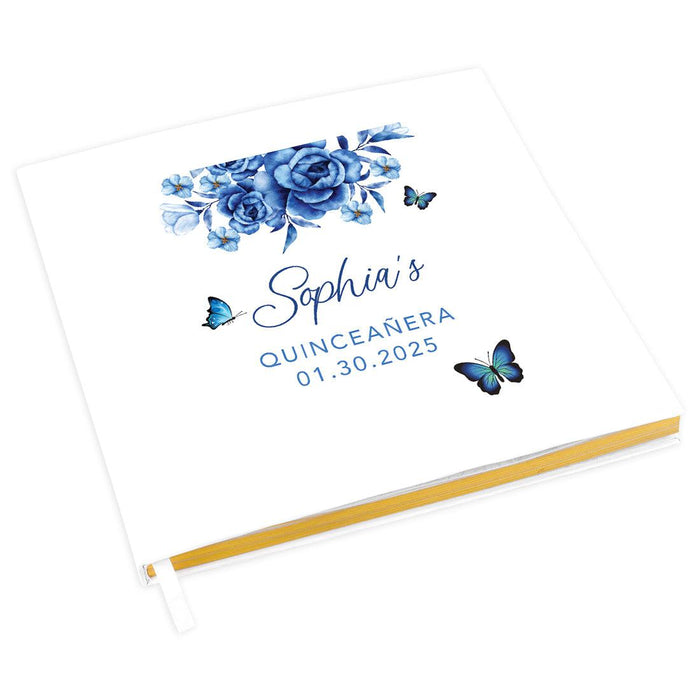 Custom Quinceañera Guestbook with Gold Accents, Photo Album for Sweet 15, Set of 1-Set of 1-Andaz Press-Blue Butterflies & Florals-