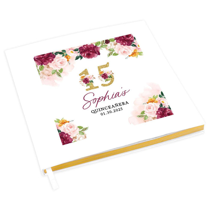 Custom Quinceañera Guestbook with Gold Accents, Photo Album for Sweet 15, Set of 1-Set of 1-Andaz Press-Burgundy & Blush Florals-