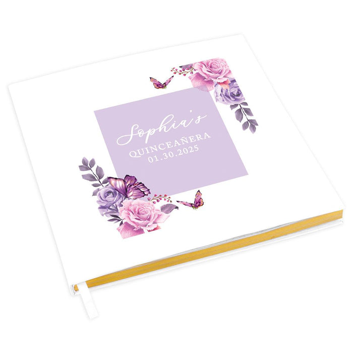 Custom Quinceañera Guestbook with Gold Accents, Photo Album for Sweet 15, Set of 1-Set of 1-Andaz Press-Lilac Lavender with Butterflies-