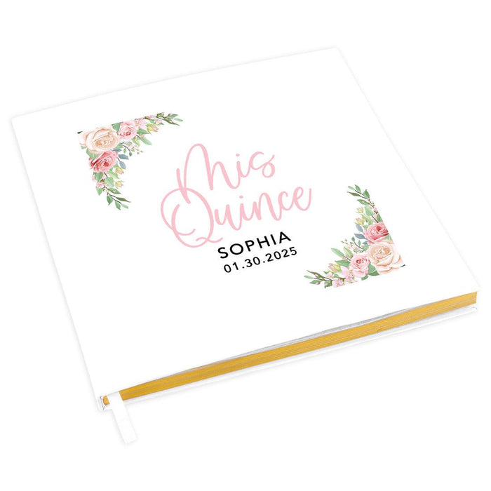 Custom Quinceañera Guestbook with Gold Accents, Photo Album for Sweet 15, Set of 1-Set of 1-Andaz Press-Pink & Cream Roses-