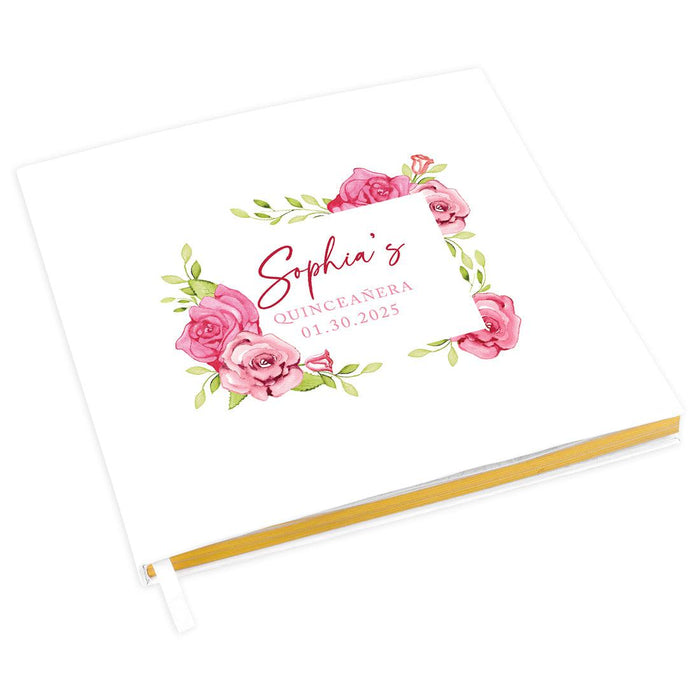 Custom Quinceañera Guestbook with Gold Accents, Photo Album for Sweet 15, Set of 1-Set of 1-Andaz Press-Pink Watercolor Roses-