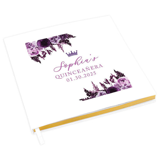 Custom Quinceañera Guestbook with Gold Accents, Photo Album for Sweet 15, Set of 1-Set of 1-Andaz Press-Purple, Lavender, Lilac Flowers-