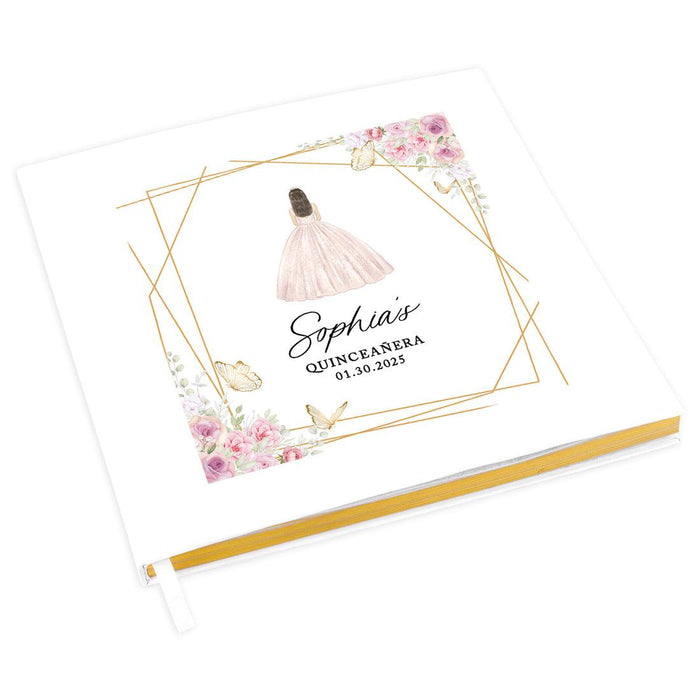 Custom Quinceañera Guestbook with Gold Accents, Photo Album for Sweet 15, Set of 1-Set of 1-Andaz Press-Quinceanera Dress with Butterflies-
