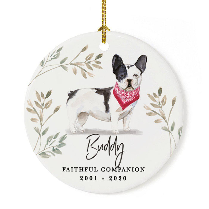 Custom Round Ceramic Christmas Dog Memorial Ornament, Faithful Companion, Design 1-Set of 1-Andaz Press-Black & White French Bulldog-