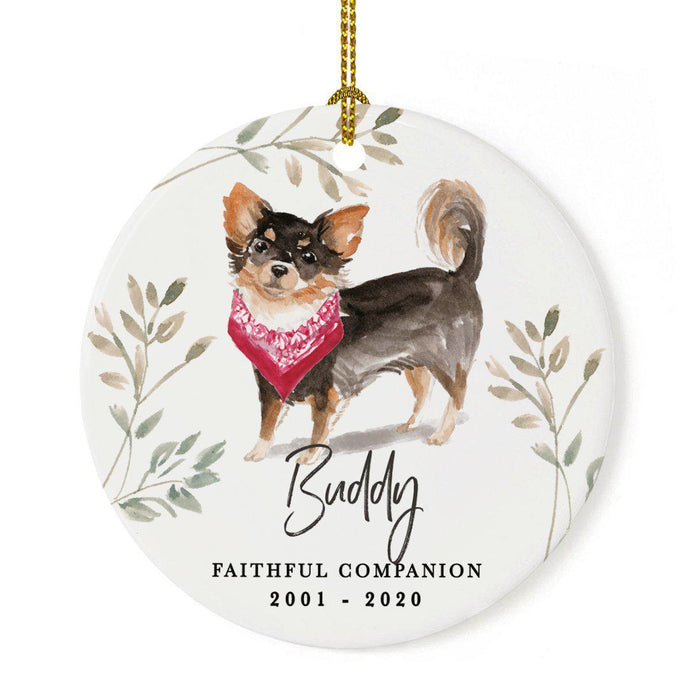 Custom Round Ceramic Christmas Dog Memorial Ornament, Faithful Companion, Design 1-Set of 1-Andaz Press-Long Haired Chihuahua-