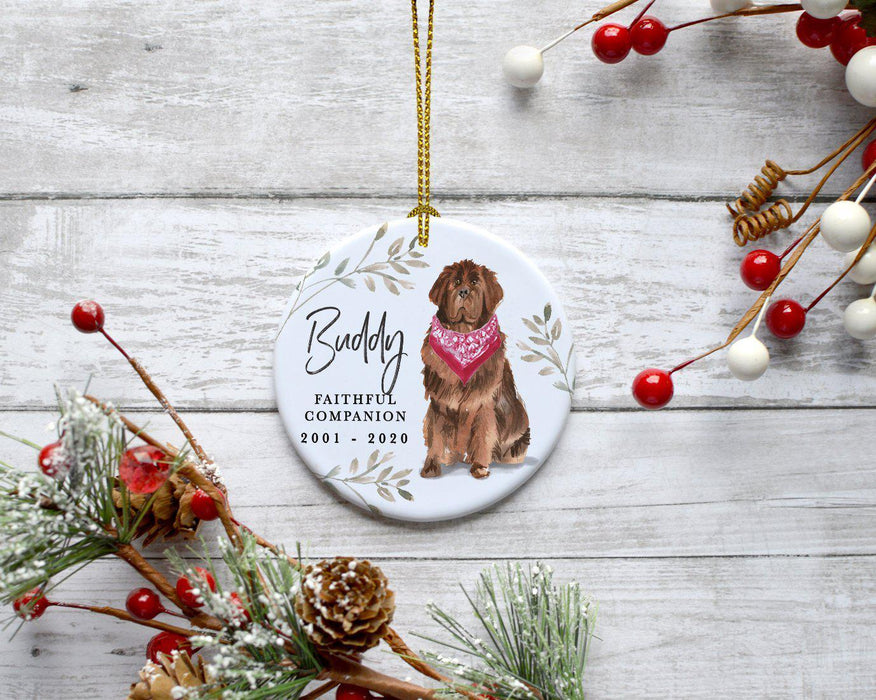 Custom Round Ceramic Christmas Dog Memorial Ornament, Faithful Companion, Pet Memorial Ideas, Design 2-Set of 1-Andaz Press-Newfoundland-