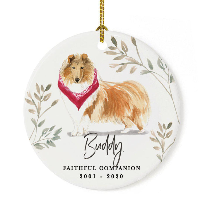 Custom Round Ceramic Christmas Dog Memorial Ornament, Faithful Companion, Pet Memorial Ideas, Design 2-Set of 1-Andaz Press-Rough Collie-