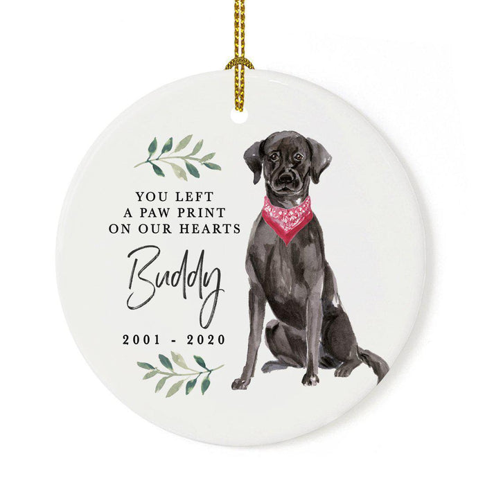 Custom Round Ceramic Christmas Dog Memorial Ornament, You Left A Paw Print On Our Hearts, Design 1-Set of 1-Andaz Press-American Staffordshire Terrier-